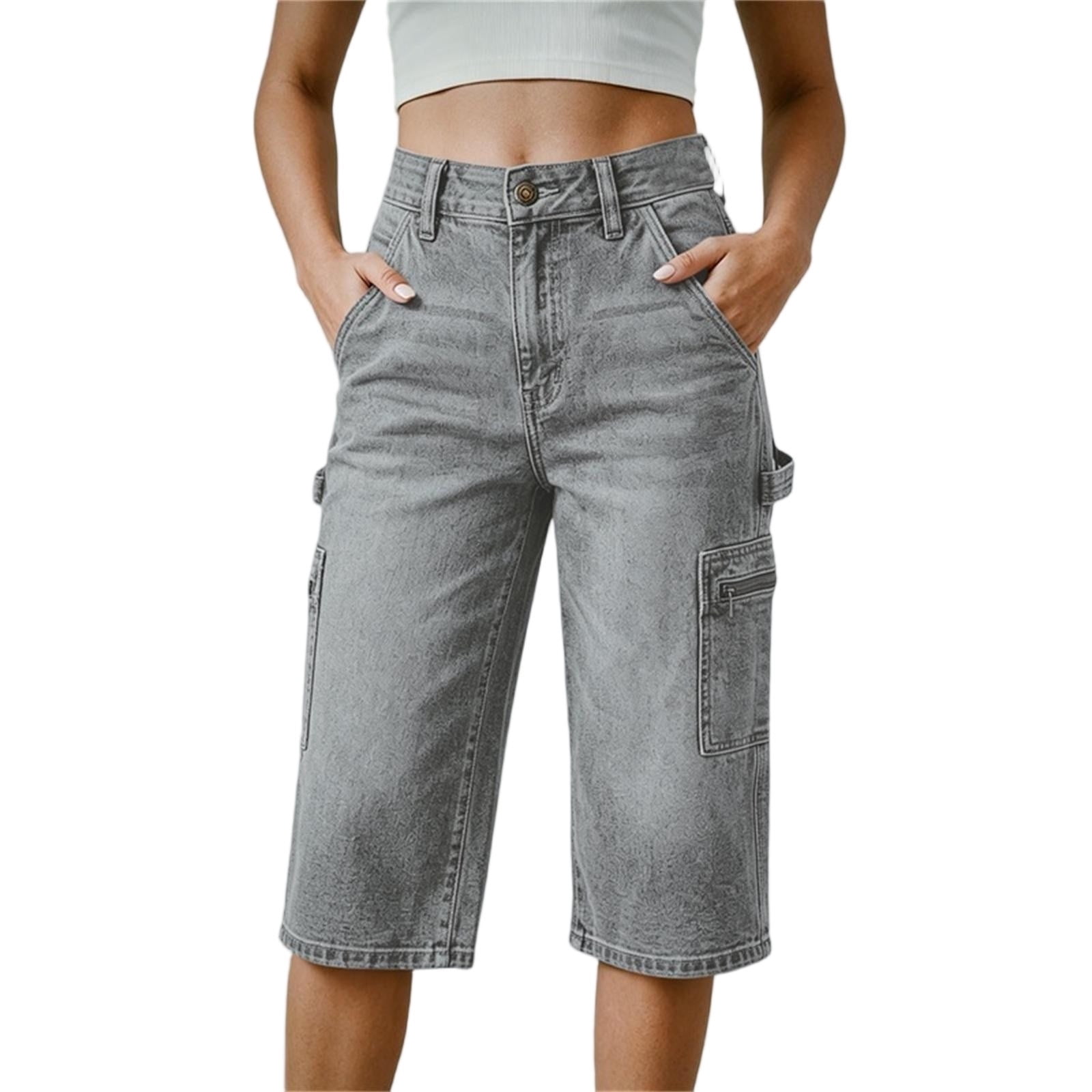 Women High Waist Cargo Knee Length Denim Shorts, Multi Pockets