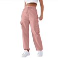 thumbnail image 1 of Women High Waist Cargo Pants Straight Leg Baggy Drawstring Trousers Workout Hiking Cargo Pants with Zipper Pockets, 1 of 5