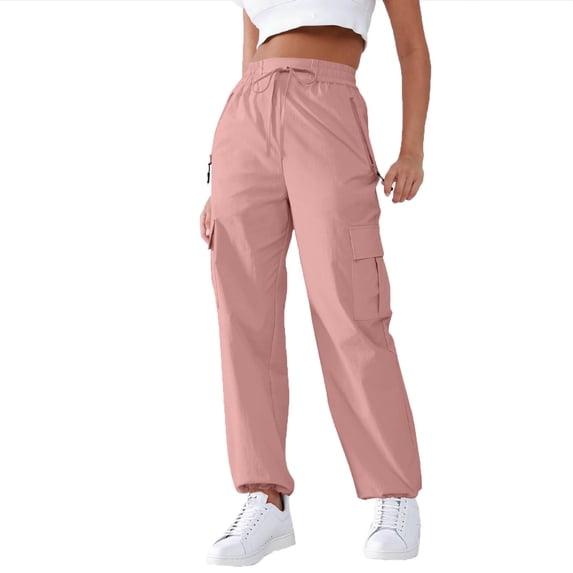 Women High Waist Cargo Pants Straight Leg Baggy Drawstring Trousers Workout Hiking Cargo Pants with Zipper Pockets