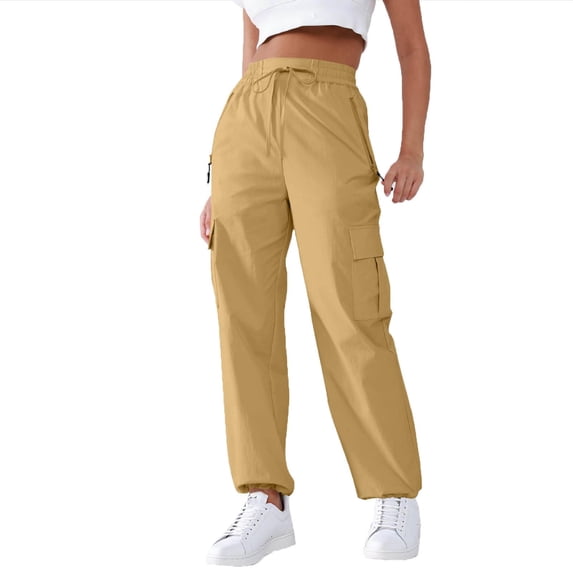 Women High Waist Cargo Pants Straight Leg Baggy Drawstring Trousers Workout Hiking Cargo Pants with Zipper Pockets