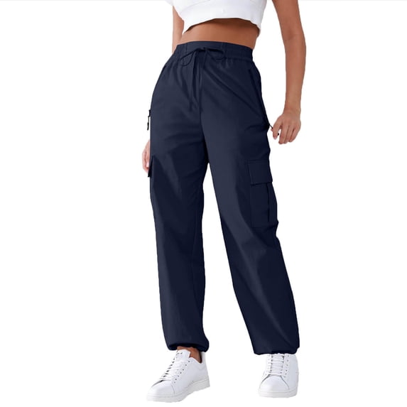 Women High Waist Cargo Pants Straight Leg Baggy Drawstring Trousers Workout Hiking Cargo Pants with Zipper Pockets