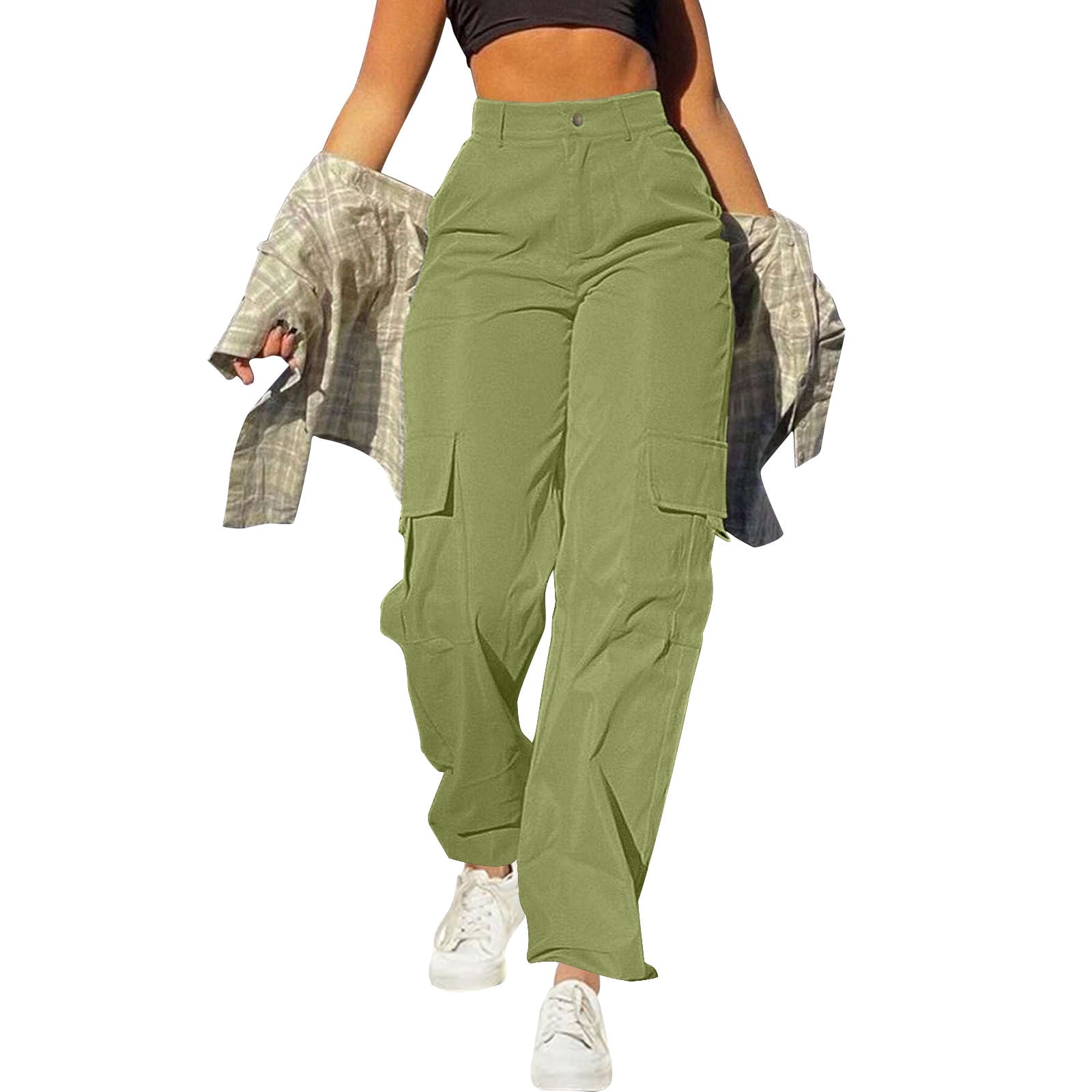 TASAMO Women's High Waist Cargo Pants - Straight Leg, Elastic Waist, 4 Pockets, Wide Leg Casual Trousers