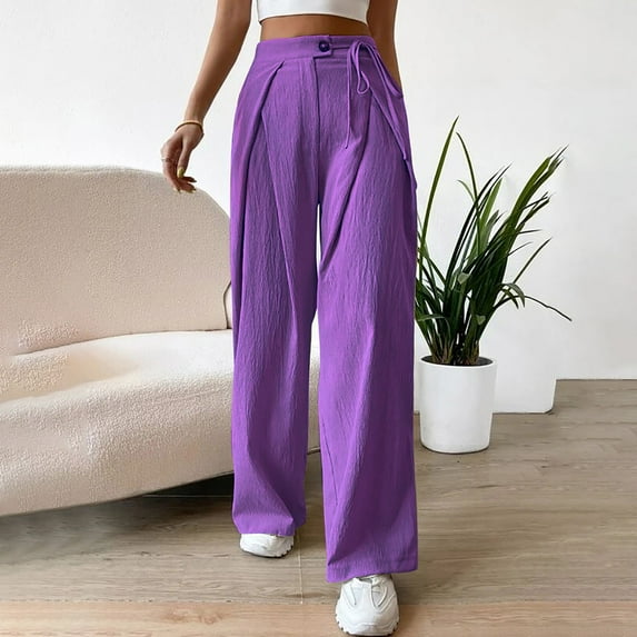 Women High Waist Casual Wide Leg Flowy Long Palazzo Pants Side Belt Lace Up Straight Flare Pleated Solid Color Lounge Joggers Pant Trousers Purple qILAKOG Size XL