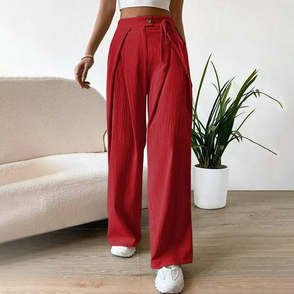 Women High Waist Casual Wide Leg Flowy Long Palazzo Pants Side Belt Lace Up Straight Flare Pleated Solid Color Lounge Joggers Pant Trousers Red qILAKOG Size XL