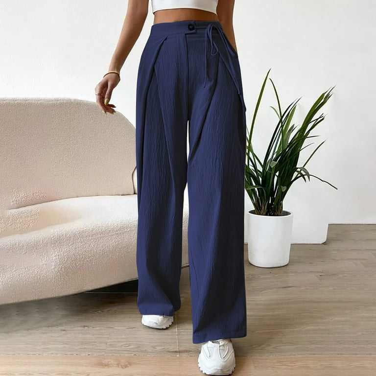 Women High Waist Casual Wide Leg Flowy Long Palazzo Pants Side Belt Lace Up  Straight Flare Pleated Solid Color Lounge Joggers Pant Trousers Dark Blue