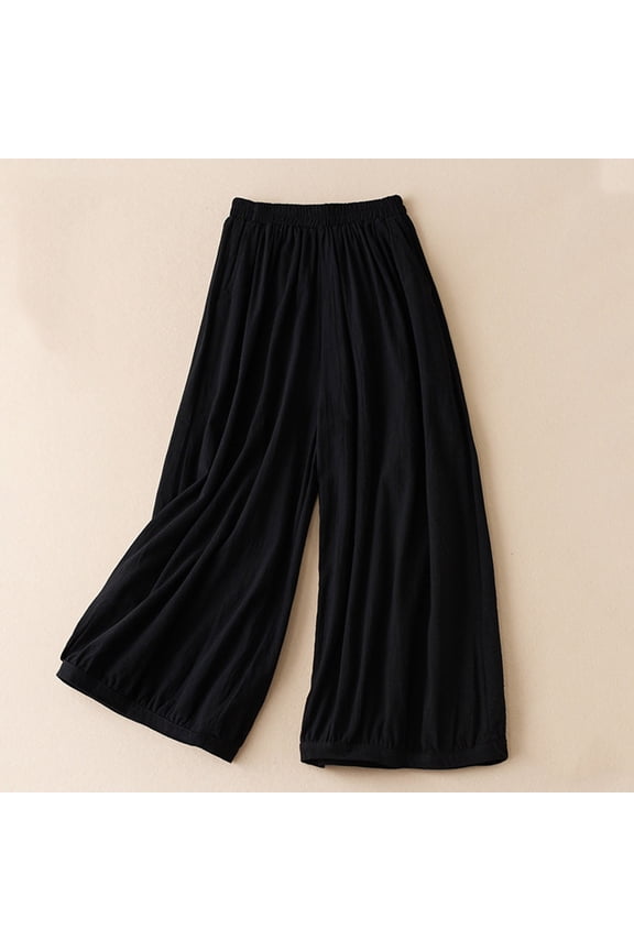 Women High Waist Cotton Linen Bloomers Solid Color Loose Wide Leg Casual Pants Black Size 2XL