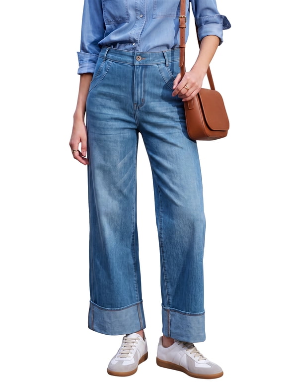 Women High Waist Cuffed Wide Leg Jeans, Casual Loose Denim Pants with Pockets