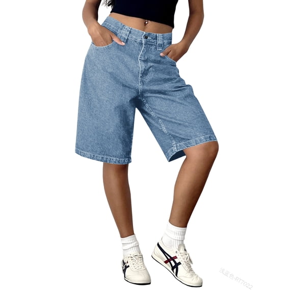 Women High Waist Denim Bermuda Shorts Loose Wide Leg Knee‑Length Jean Shorts