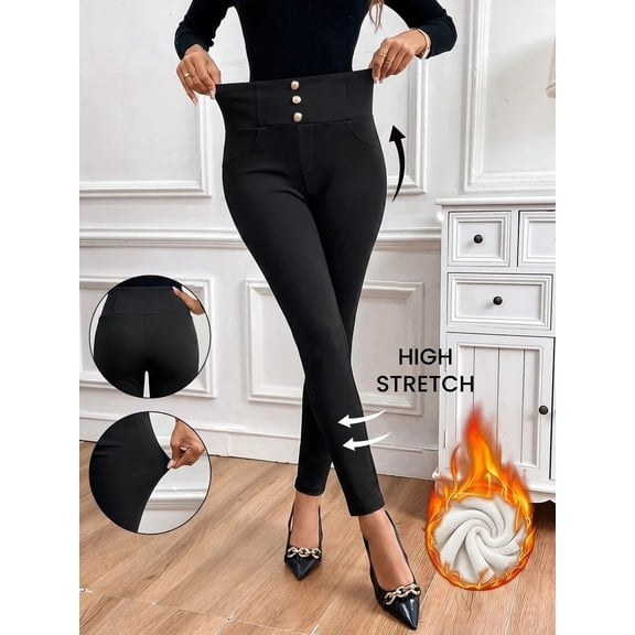 Women High Waist Fitted Pants, Button Decor High Stretch Trousers with Pockets for Office Back-To-School
