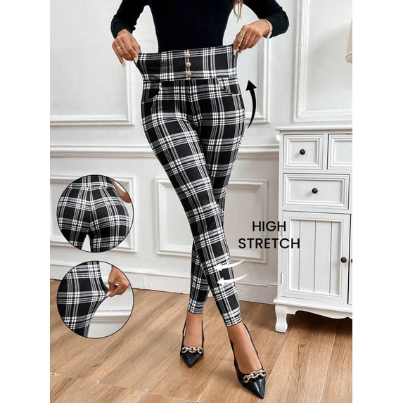 Women High Waist Fitted Pants, Button Decor High Stretch Trousers with Pockets for Office Back-To-School