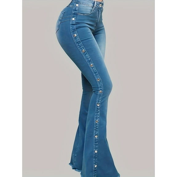 Women High Waist Flare Jeans with Side Button Detail Stretch Denim Bell Bottom Pants for Casual, Party, and Streetwear Outfits