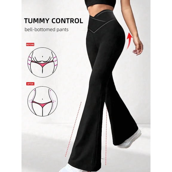 Women High Waist Flare Leg Yoga Pants Crossover Waist Tummy Control Casual Trousers
