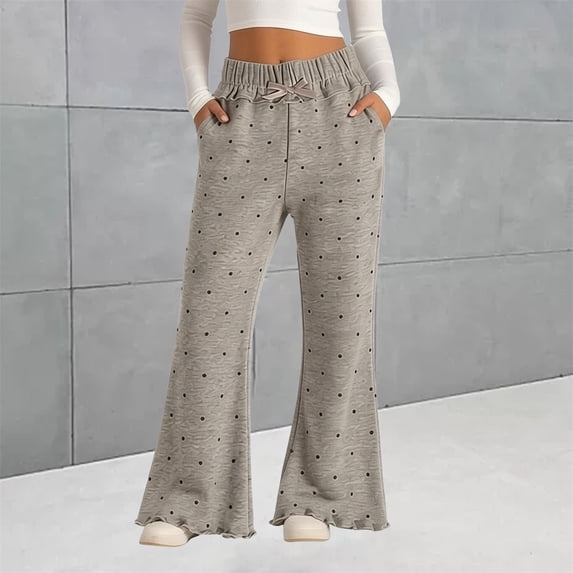 Women High Waist Flare Pants, Elastic Drawstring, Polka Dot Casual Trousers for Streetwear StyleGray130
