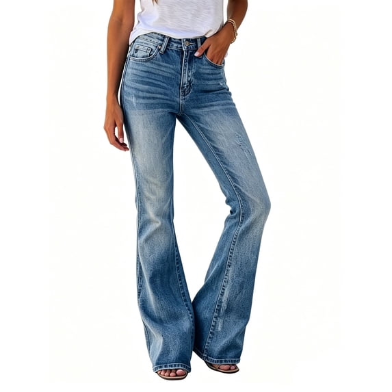 Women High Waist Flared Leg Casual Jeans Long Denim Pants