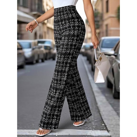 Women High Waist Flared Pants Printed Slim Fit Elegant Office Work Casual Trousers