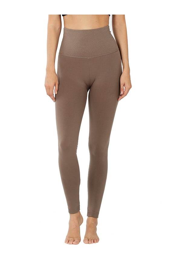 Women High Waist Fleece Tummy Control Full Length Gusset Leggings (Mocha, L/XL)