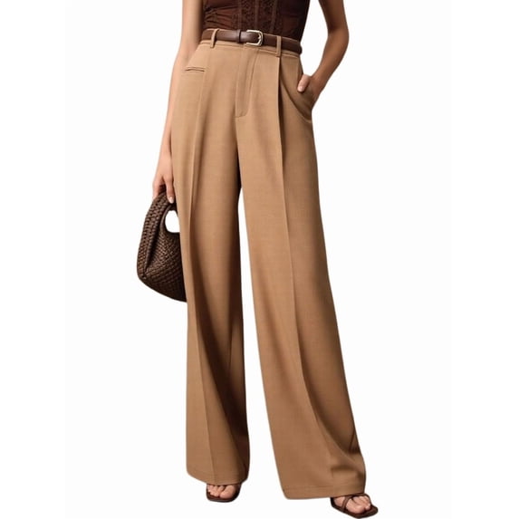 Women High Waist Floor-Length Straight Wide Leg Commute Suit Trousers Business Casual with Pockets Khaki XXL