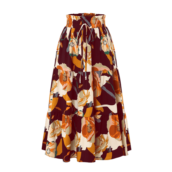 Women High Waist Floral Print Maxi Skirt with Drawstring Elastic Waistband and Tiered Design for Casual Wear Wine M