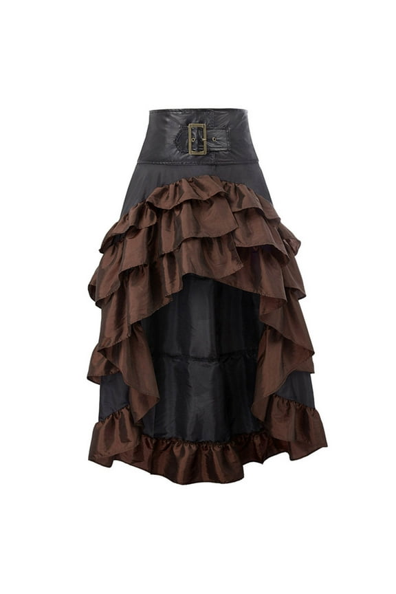 Women High Waist High Low Asymmetrical Ruffle Hem Midi Skirt Vintage Gothic Belted Plus Size Party Cupcake Skirt (Medium, Brown)