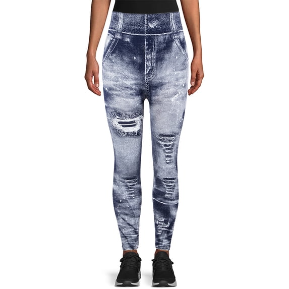 Women High Waist Imitation Distressed Denim Jeans Leggings Slim Elastic Yoga Pencil Pants Tigth Pants Dark Grey/Red/Blue