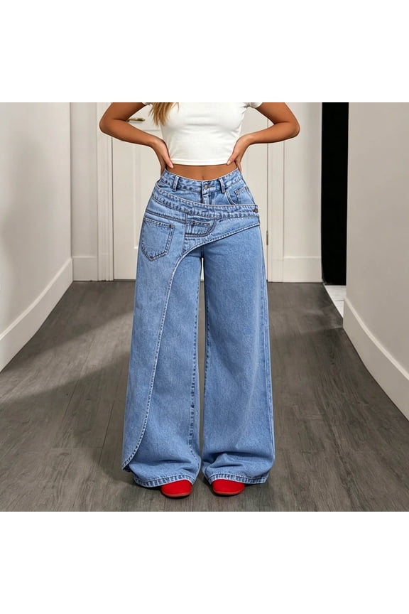 Women High Waist Irregular Wrap Waist Wide Leg Denim Jeans, Unique Asymmetrical Layered Waistband Flared Baggy Long Denim Pants, Vintage Washed Streetwear Denim Trousers Sizes S-XL