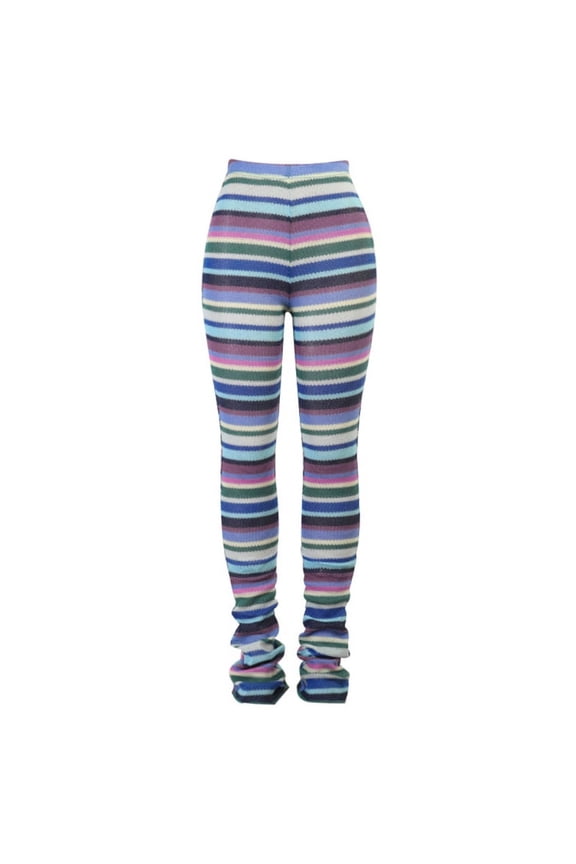Women High Waist Knitted Long Pants Multicolor Striped Skinny Stacked Trousers
