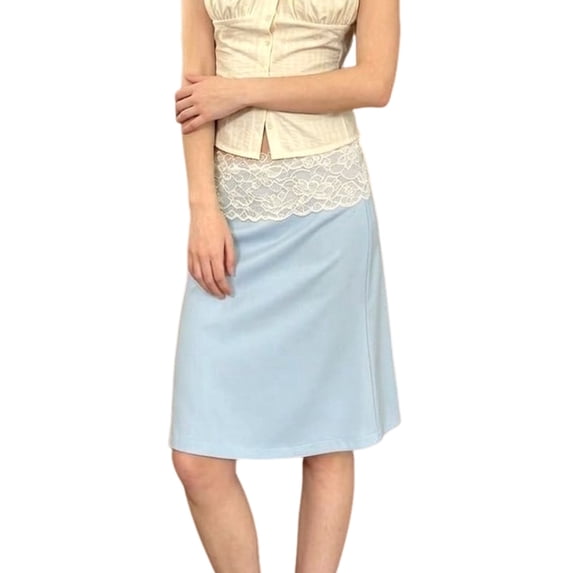 Women High Waist Lace Trim Waistband A-Line Midi Skirt M