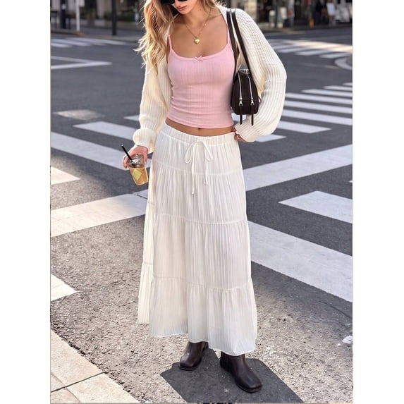 Women High Waist Layered Ruffle Cake Long Skirt, A-Line Swing Tie Design, Elegant Fairy Draping Bottom