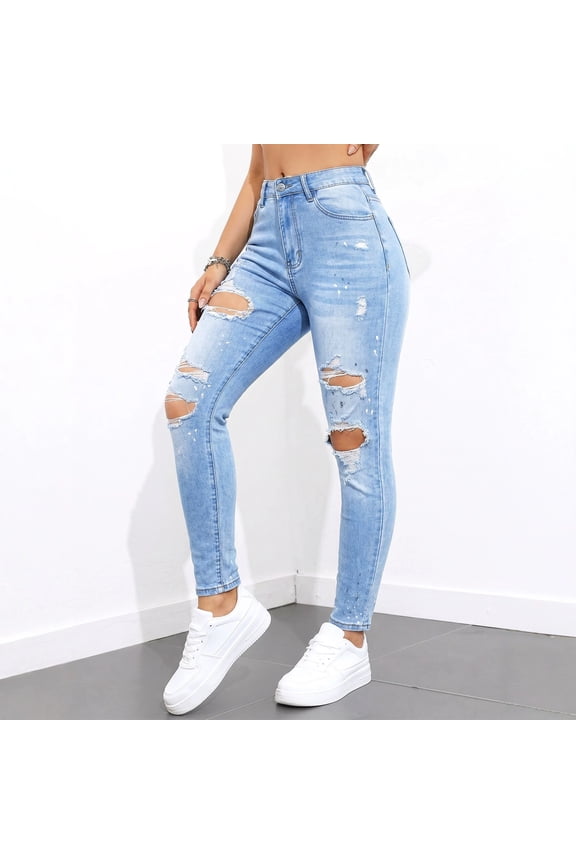 Women High Waist Light Wash Ripped Distressed Paint Splatter Skinny Denim Jeans Slim Fit Casual Streetwear Pants