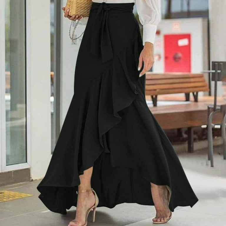 Women High Waist Maxi Skirt High Low Irregular Hem Self tie Elastic Ruffle Long Skirt Ruffle Women Maxi Skirt Long PLM01 Walmart