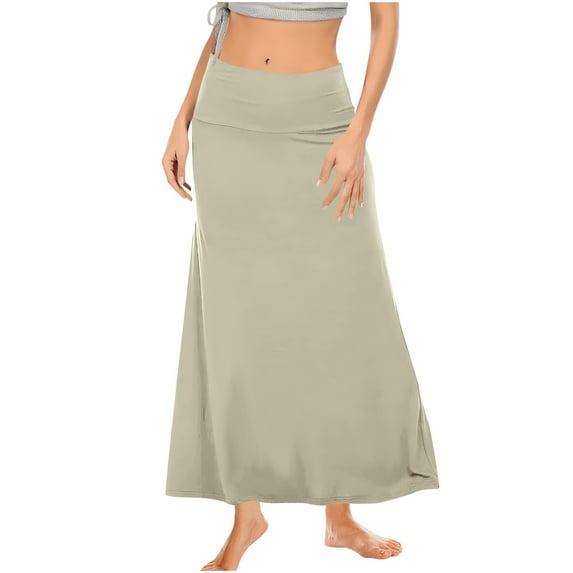 Women High Waist Maxi Skirt Soft Knit Loungewear Stretchy Solid Color A-Line Flowy Flare Long Skirts Beige XL