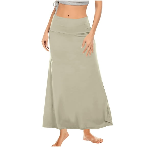 Women High Waist Maxi Skirt Soft Knit Loungewear Stretchy Solid Color A-Line Flowy Flare Long Skirts Beige XL