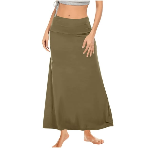 Women High Waist Maxi Skirt Soft Knit Loungewear Stretchy Solid Color A-Line Flowy Flare Long Skirts Khaki L