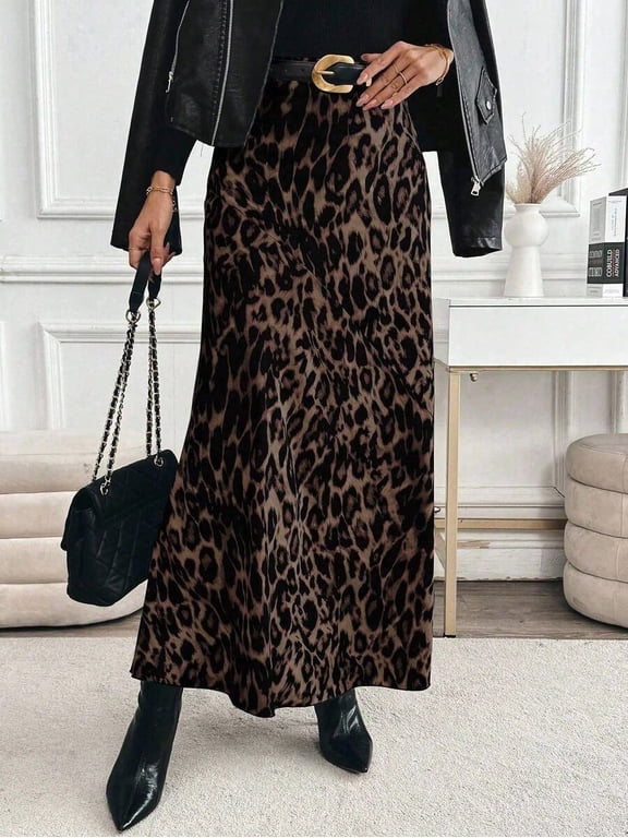 Women High Waist Midi Skirt, Leopard Print Flowy A Line Long Skirt
