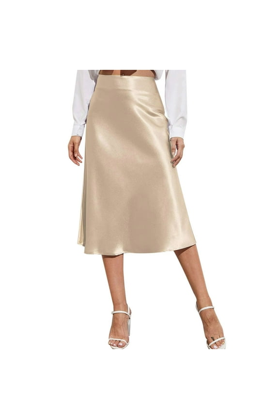 Women High Waist Midi Skirt Solid Color Satin Zipper Elegant Summer Skirts Club Basic Leisure Dailywear