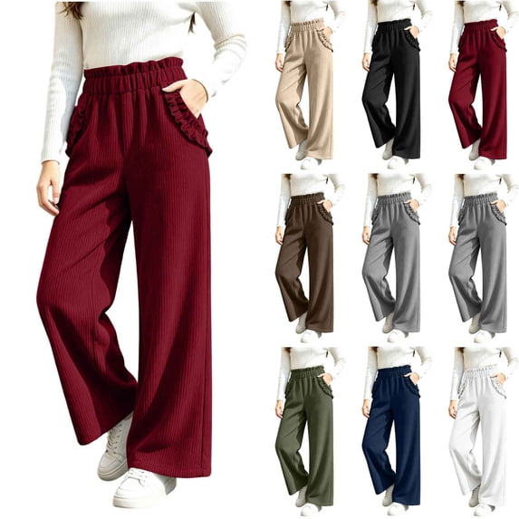 Women High Waist Paper Bag Waist Corduroy Wide Leg Trousers Elegant Ruffle Trim Straight-Leg Pants Vertical Rib Casual Pants Fall Outfits