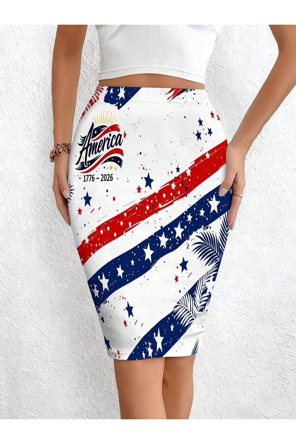 Women High Waist Pencil Skirt With American Flag Print Mixed Colors Slim Fit Patriotic Design