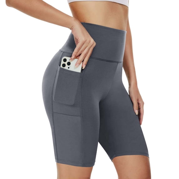 Women High Waist Pocket Yoga Shorts halfStretch Workout Bottoms,Grey,S