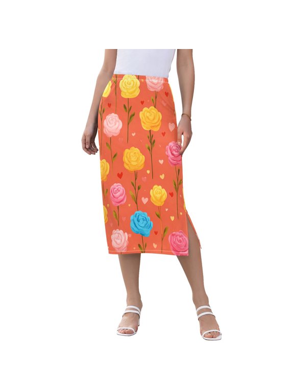 Women High Waist Print Midi Skirt with Side Slit Casual Stretch A-Line Skirt