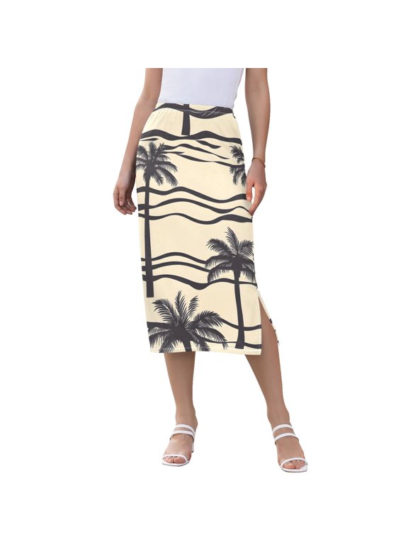 Women High Waist Print Midi Skirt with Side Slit Casual Stretch A-Line Skirt
