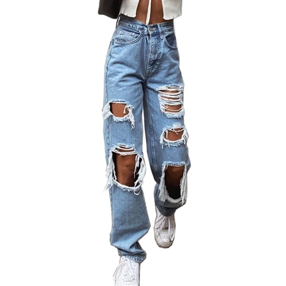 Women High Waist Ripped Jeans Vintage Straight Wide Leg Baggy Denim Pants Streetwear Boyfriend Jeans