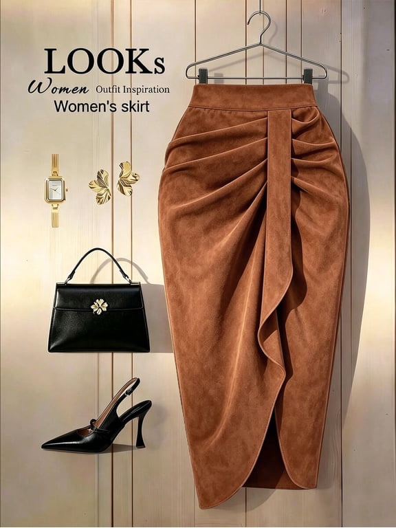 Women High Waist Ruched Midi Pencil Skirt Split Bodycon Skirt for Party Business