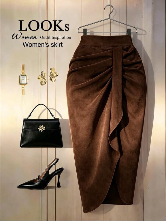 Women High Waist Ruched Midi Pencil Skirt Split Bodycon Skirt for Party Business