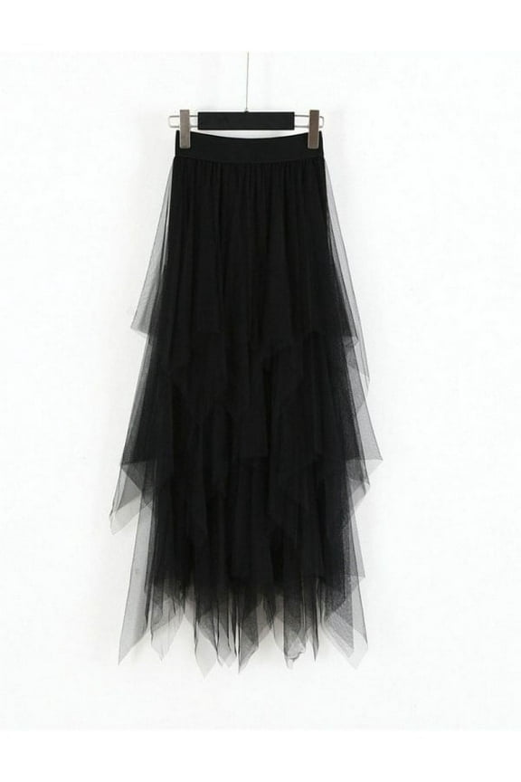 Women High Waist Ruffle Mesh Skirt Sheer Net Tulle Pleated Long Party Dress