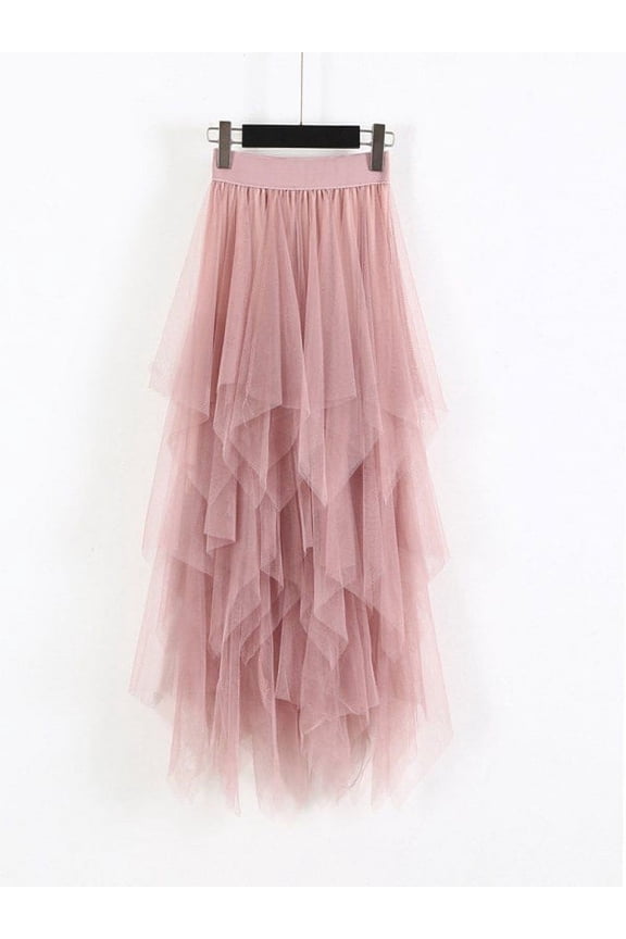 Women High Waist Ruffle Mesh Skirt Sheer Net Tulle Pleated Long Party Dress