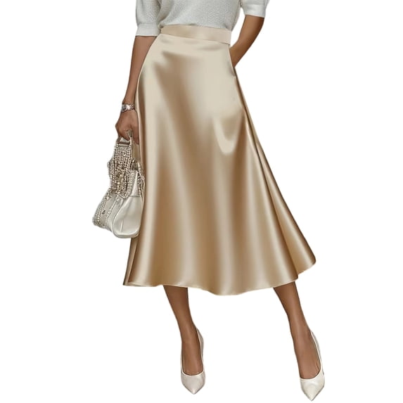 Women High Waist Satin A-Line Midi Skirt, Elegant Flared Skirt for Work Wedding Party Daily Vacation 2XL