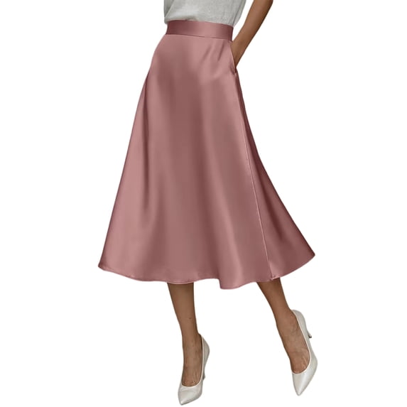 Women High Waist Satin A-Line Midi Skirt, Elegant Flared Skirt for Work Wedding Party Daily Vacation L