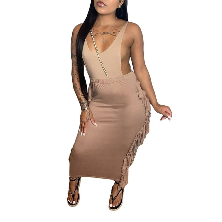 Women High Waist Semi Dress Bandage Bodycon Summer Dresses with Tassels Pencil Long Ruffle Pleated Skirt
