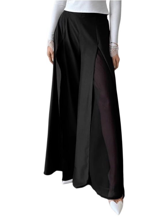 Women High Waist Sheer Mesh Split Wide Leg Palazzo Pants Business Casual Work Trousers Black S