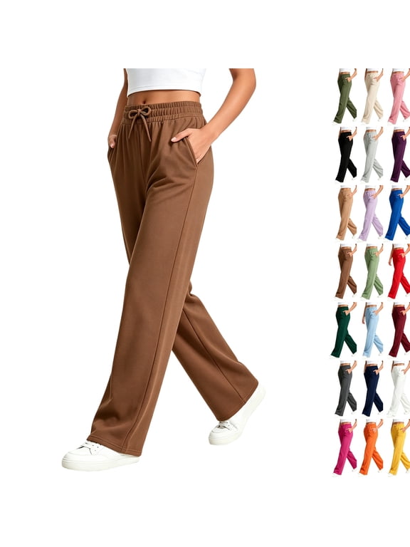 Women High Waist Straight Sweatpants Casual Drawstring Waist Plain Knit Pants Relaxed Fit Everyday Lounge Wide Leg Bottoms Coffee XXL